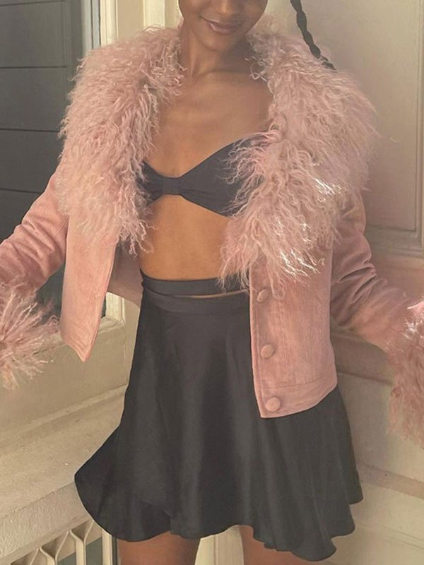 Emmiol Free shipping 2024 Faux Fur Collar Corduroy Jacket Pink L in