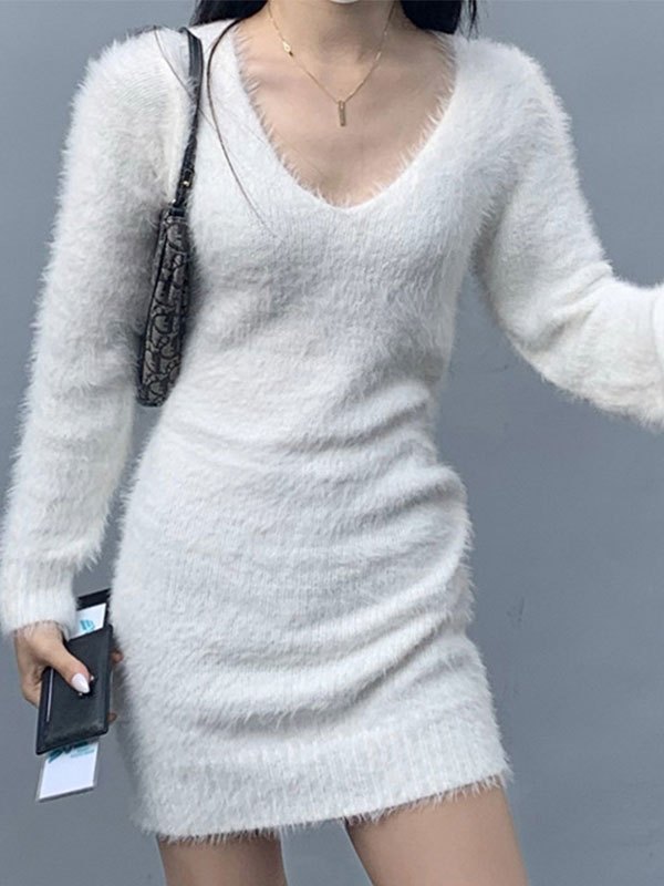 EMMIOL Fuzzy Long Sleeve Sweater Dress