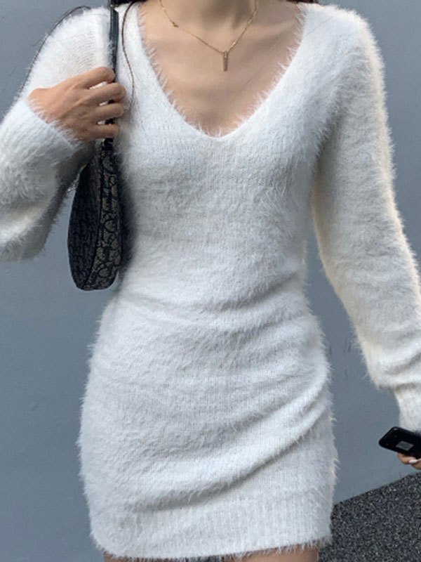EMMIOL Fuzzy Long Sleeve Sweater Dress