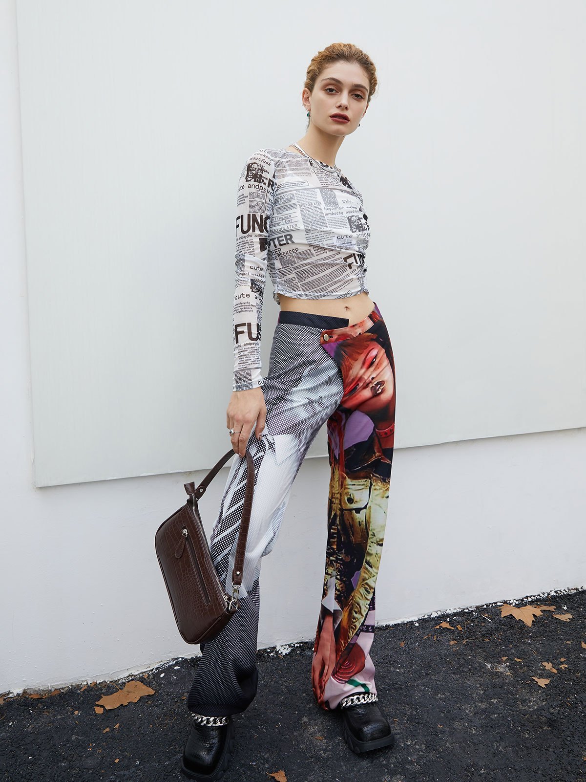 EMMIOL Newspaper Print Mesh Crop Top