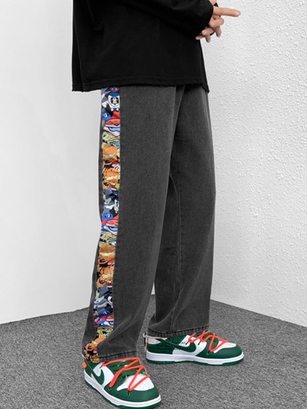 EMMIOL Cropped-Jeans mit Patchwork-Cartoon-Print für Herren