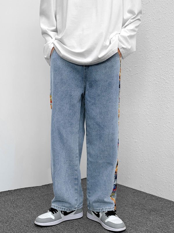 EMMIOL Jeans recortados con estampado de dibujos animados de retazos para hombre