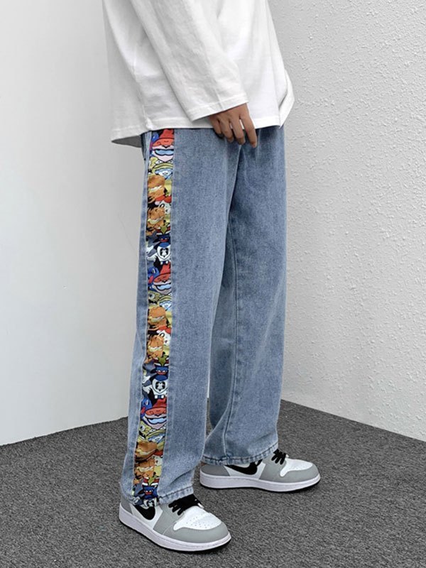EMMIOL Jeans recortados con estampado de dibujos animados de retazos para hombre