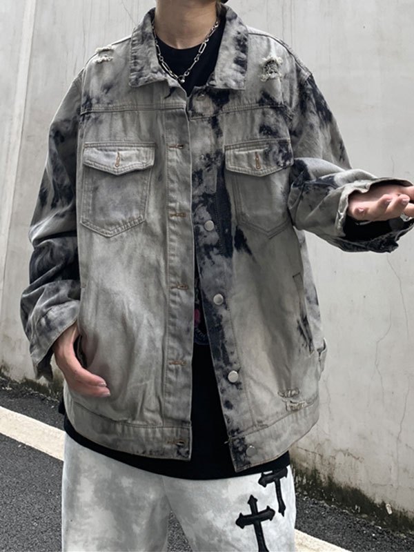 Emmiol Free shipping 2023 Men's Distressed Tie Dye Denim Jacket Gray M