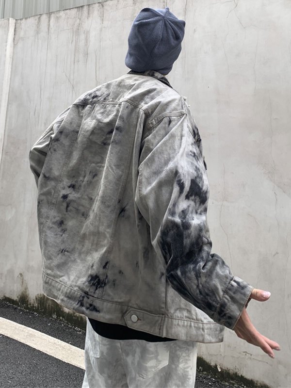 Emmiol Free shipping 2023 Men's Distressed Tie Dye Denim Jacket Gray M