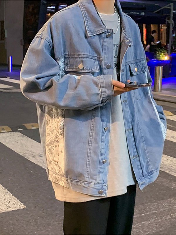 EMMIOL Men's Patchwork Paisley Print Denim Jacket