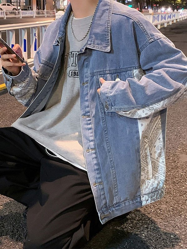 EMMIOL Men's Patchwork Paisley Print Denim Jacket