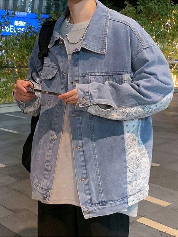 EMMIOL Men's Patchwork Paisley Print Denim Jacket