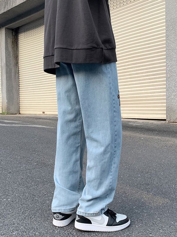 EMMIOL Jeans da uomo a gamba dritta con disegno incrociato