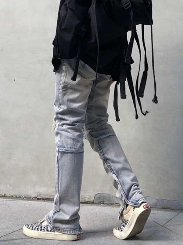 EMMIOL Jeans strappati con toppe a quadretti da uomo