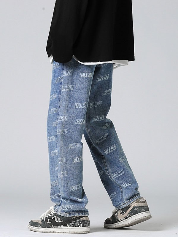 EMMIOL Vaqueros rectos con estampado de logo en toda la prenda para hombre