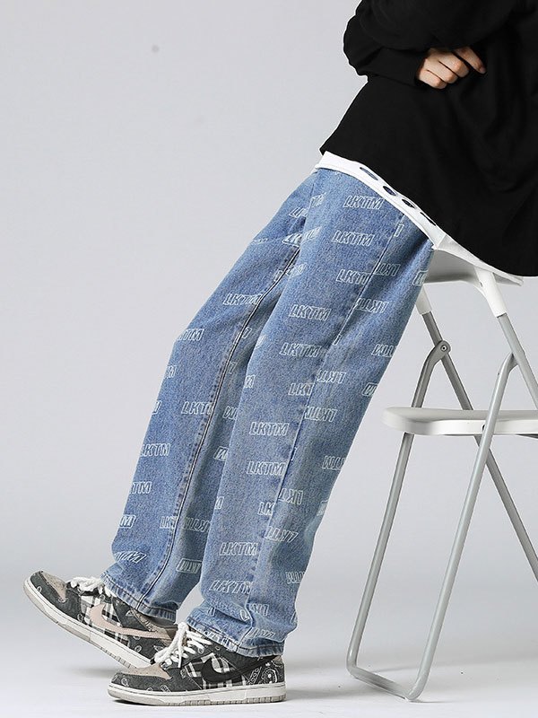 EMMIOL Vaqueros rectos con estampado de logo en toda la prenda para hombre