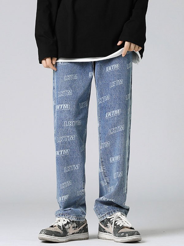 EMMIOL Vaqueros rectos con estampado de logo en toda la prenda para hombre