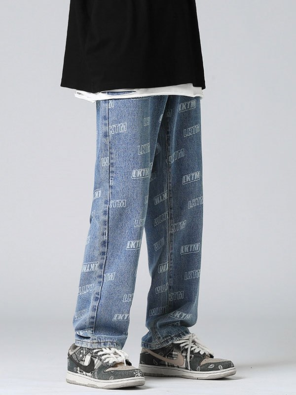 EMMIOL Vaqueros rectos con estampado de logo en toda la prenda para hombre