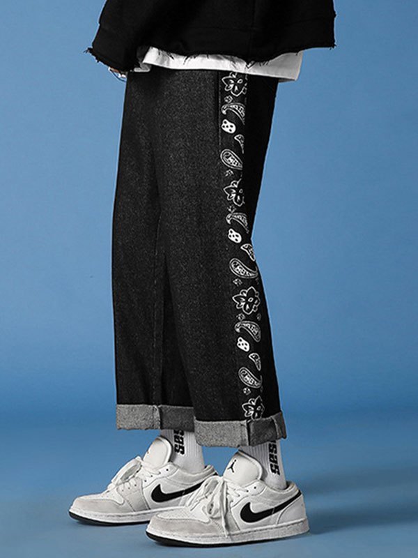 EMMIOL Herren Patchwork-Jeans mit Bandana-Print