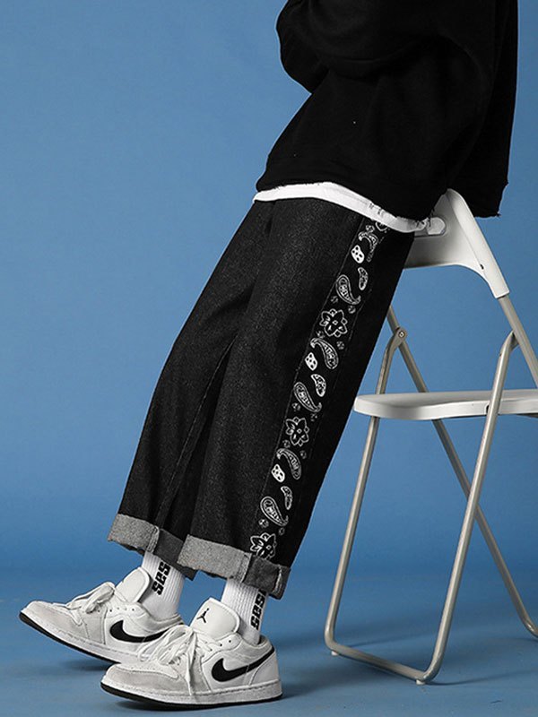 EMMIOL Herren Patchwork-Jeans mit Bandana-Print