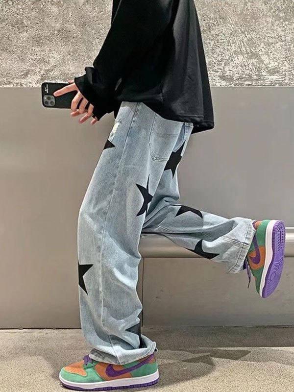 Emmiol Free shipping 2023 Men's Star Patched Straight Leg Jeans Blue L