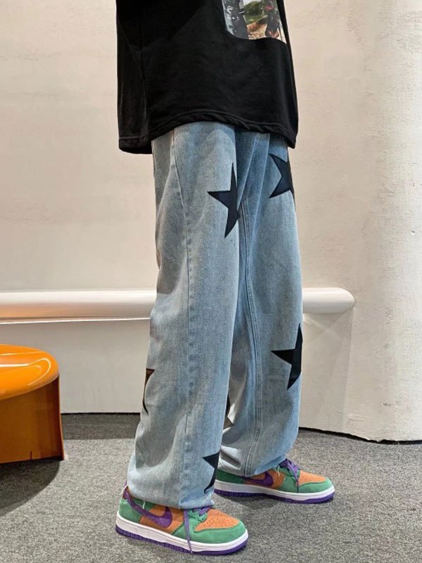 Emmiol Free shipping 2024 Men's Star Patched Straight Leg Jeans Blue L