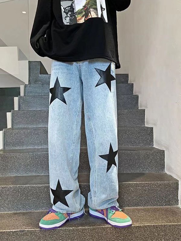 Emmiol Free shipping 2024 Men's Star Patched Straight Leg Jeans Blue L