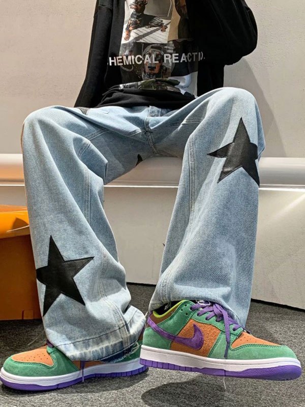 Emmiol Free shipping 2024 Men's Star Patched Straight Leg Jeans Blue L