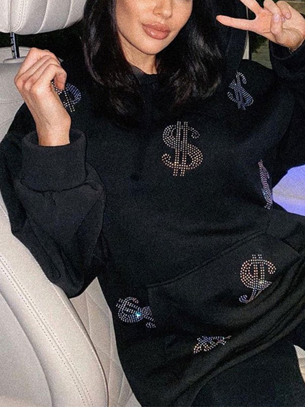 EMMIOL Sudadera con capucha de diamantes de imitación de dólar estadounidense