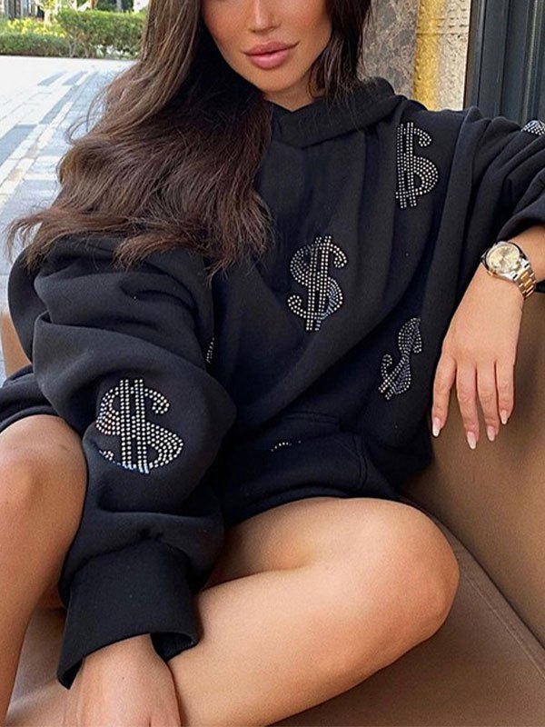 EMMIOL Sudadera con capucha de diamantes de imitación de dólar estadounidense