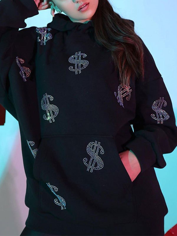 EMMIOL Sudadera con capucha de diamantes de imitación de dólar estadounidense