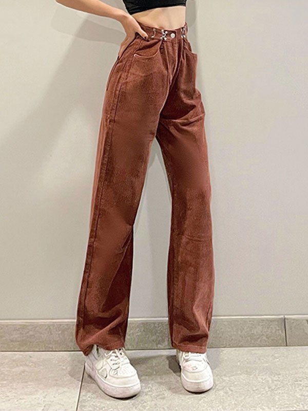 EMMIOL Pantalones de pierna recta de pana de tiro alto