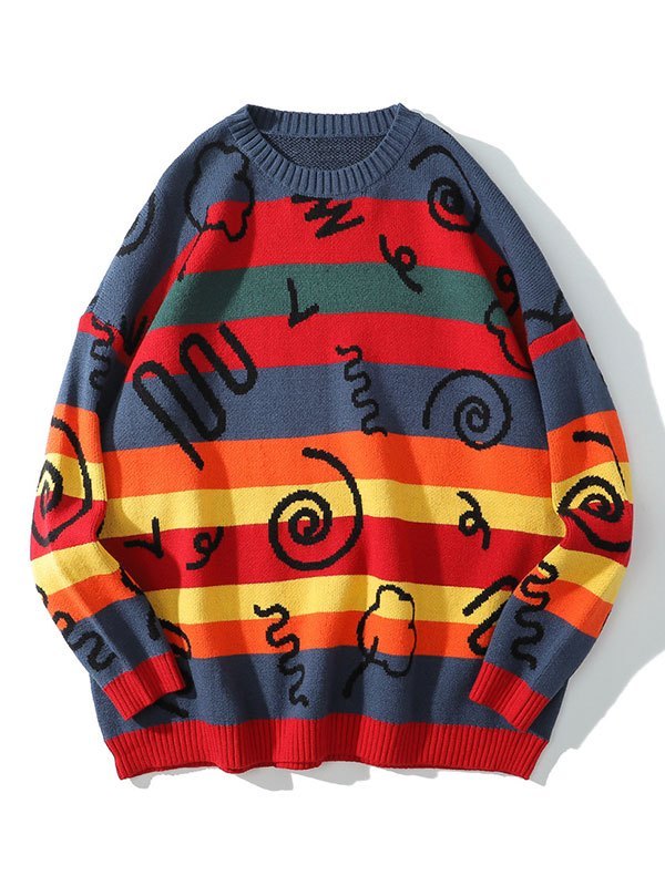 EMMIOL Regenbogen gestreifter Pullover mit Rundhalsausschnitt für Herren