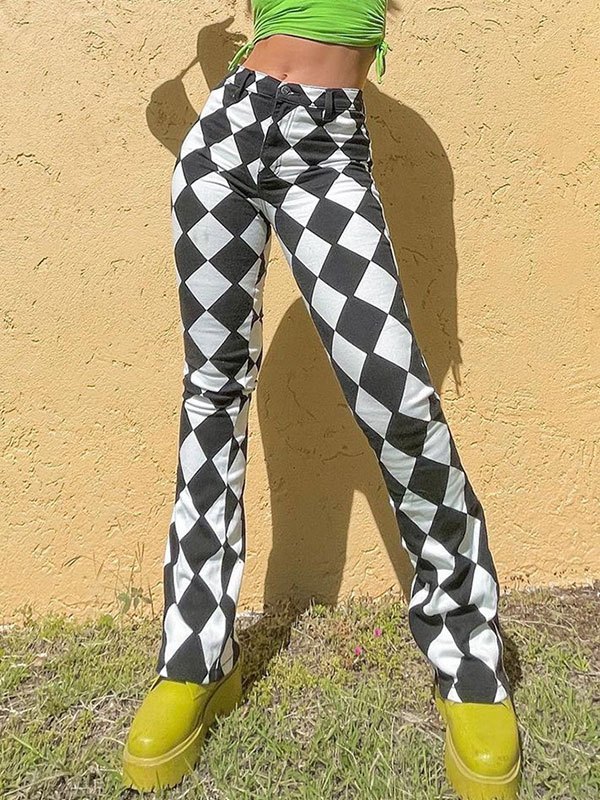 EMMIOL Pantalones acampanados con estampado de cuadros