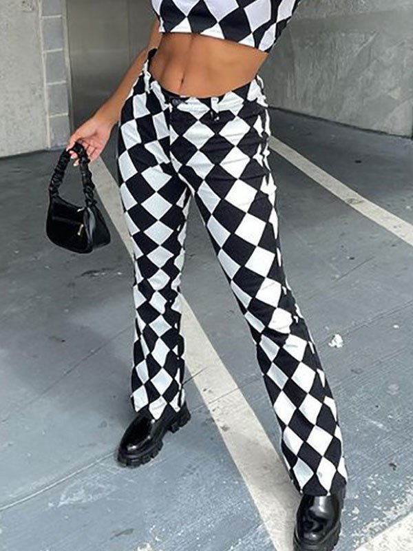 EMMIOL Pantalones acampanados con estampado de cuadros