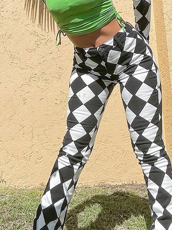 EMMIOL Pantalones acampanados con estampado de cuadros