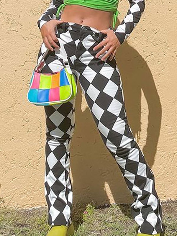 EMMIOL Pantalones acampanados con estampado de cuadros