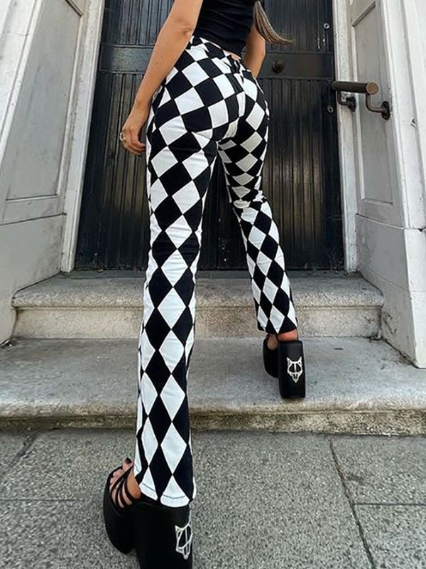 EMMIOL Pantalones acampanados con estampado de cuadros