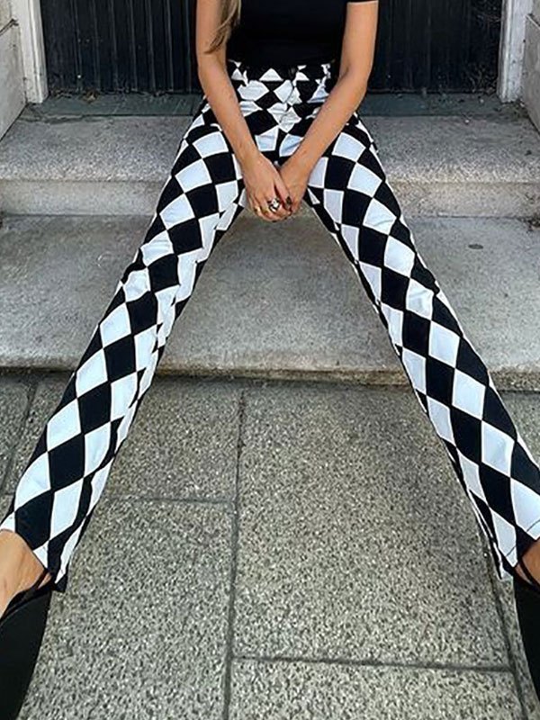 EMMIOL Pantalones acampanados con estampado de cuadros