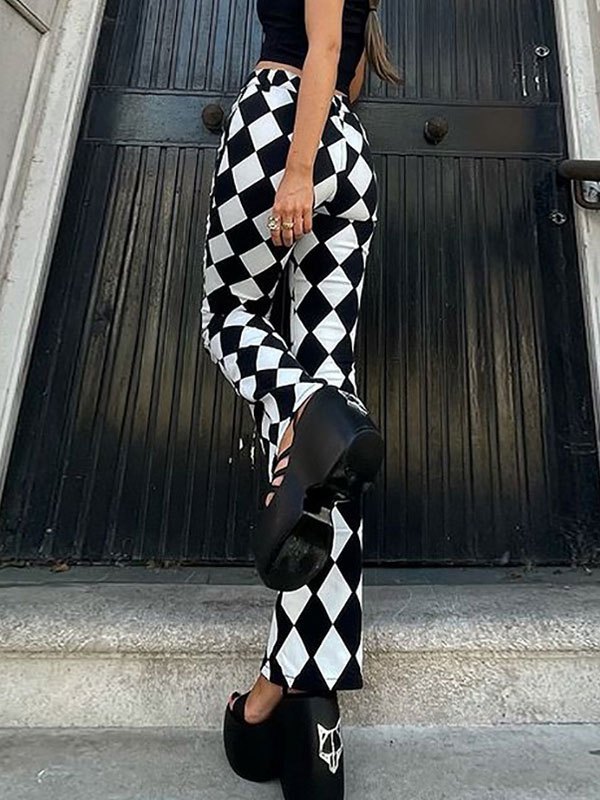 EMMIOL Pantalones acampanados con estampado de cuadros