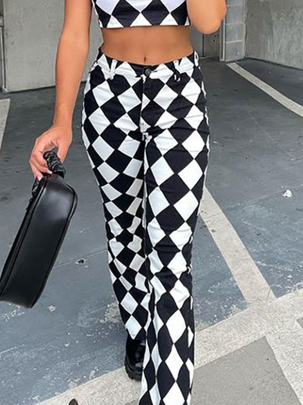 EMMIOL Pantalones acampanados con estampado de cuadros