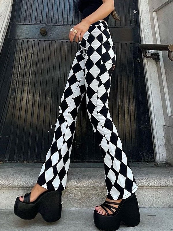 EMMIOL Pantalones acampanados con estampado de cuadros