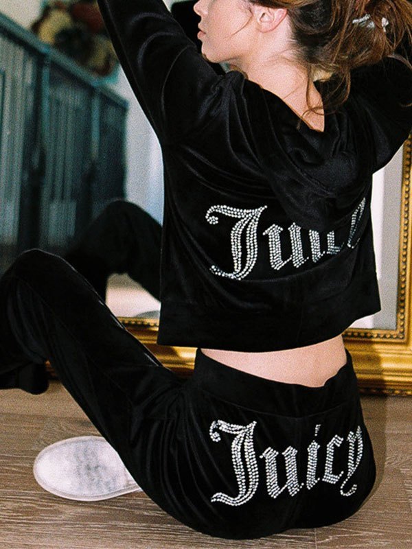 EMMIOL Rhinestone Velvet Long Sleeve Tracksuit Set