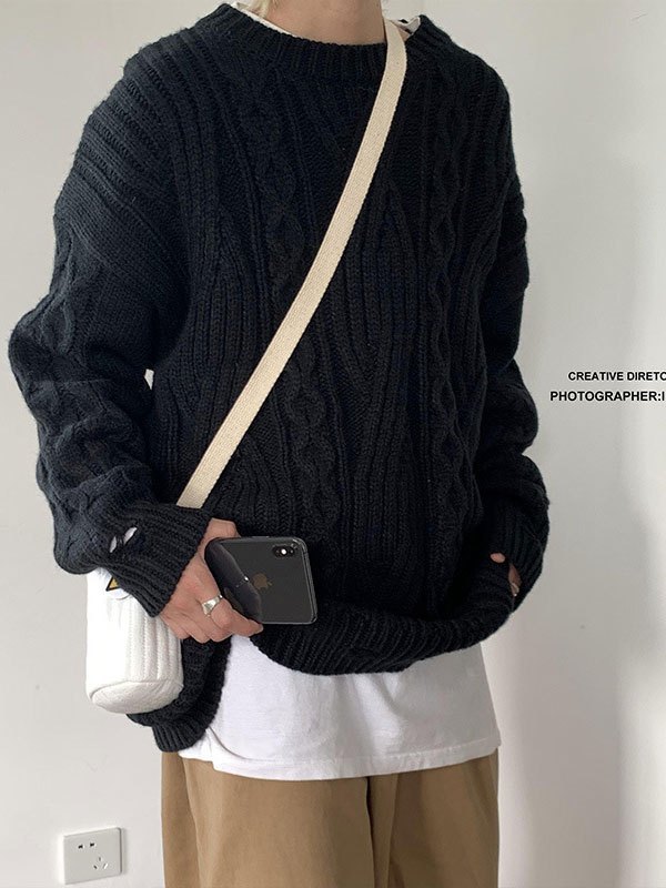 EMMIOL Herren Pullover mit Zopfmuster im Used-Look