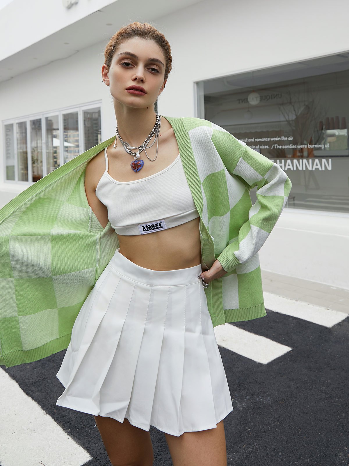 EMMIOL Cardigan in maglia con bottoni a scacchi