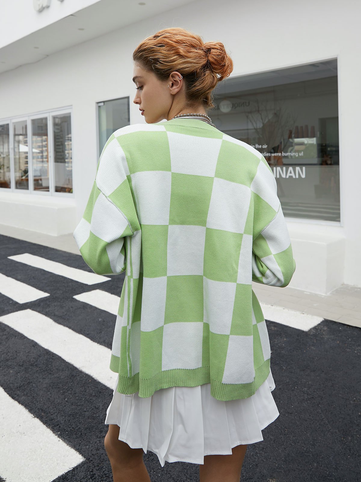 EMMIOL Cardigan in maglia con bottoni a scacchi