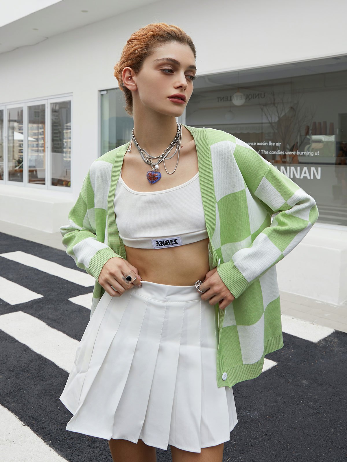 EMMIOL Cardigan in maglia con bottoni a scacchi