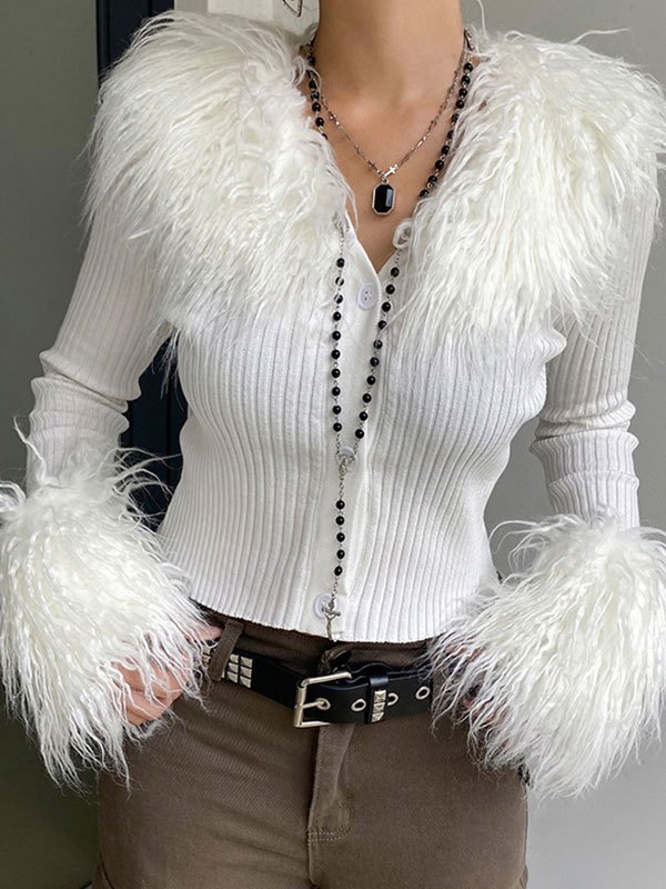 EMMIOL Cardigan corto in maglia con collo in pelliccia sintetica