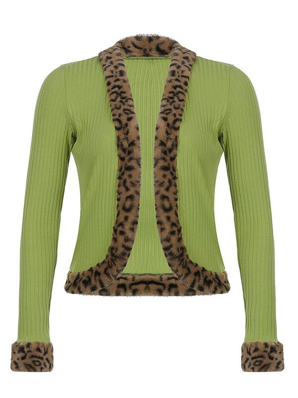 EMMIOL Cárdigan corto con ribete de piel sintética de leopardo