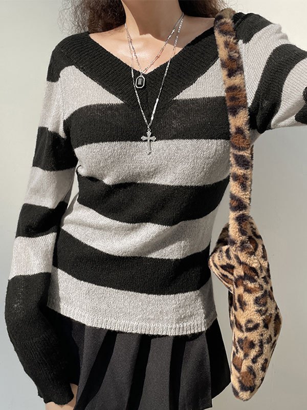 Messy Feelings V Neck Striped Knit Sweater (Multi)