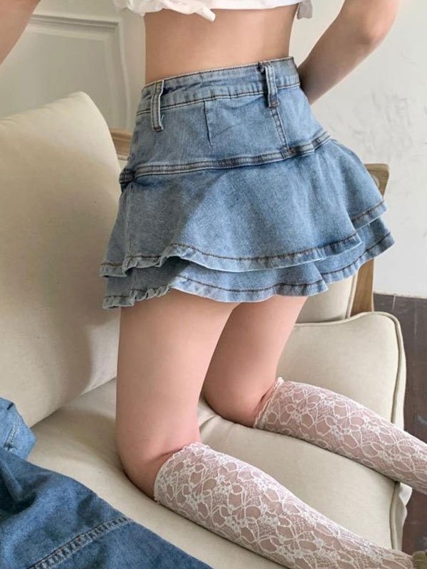 EMMIOL Tiered Ruffle Denim Mini Skirt