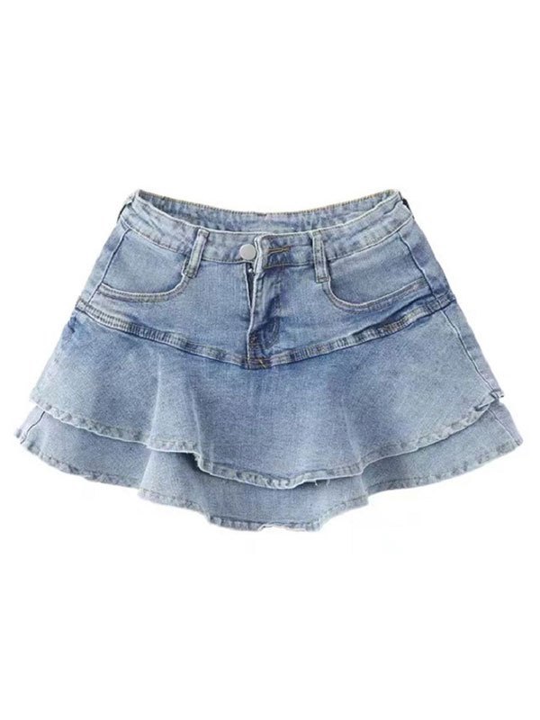 EMMIOL Tiered Ruffle Denim Mini Skirt