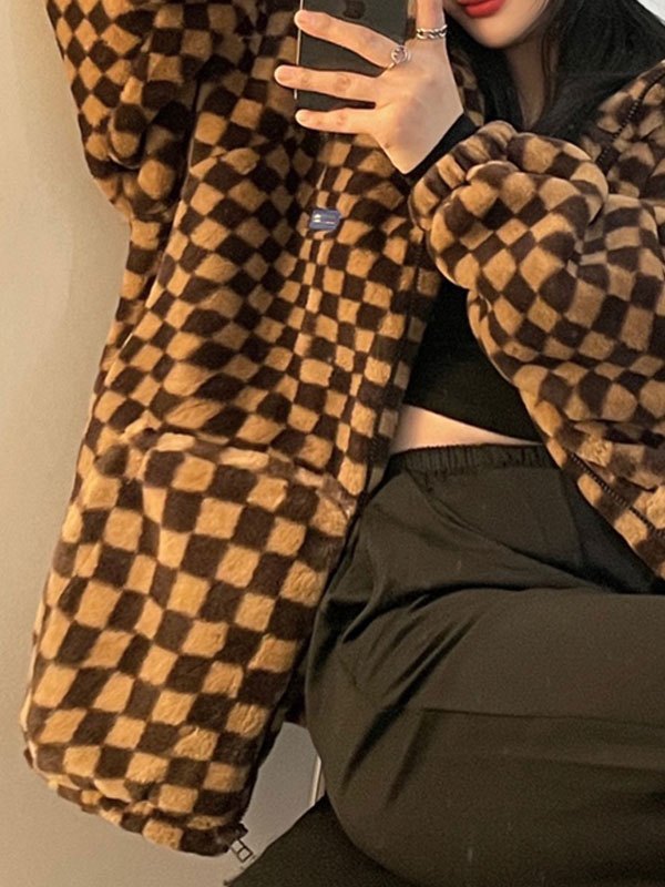 EMMIOL Oversized Checkered Fleece Coat