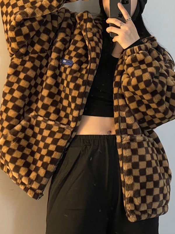 EMMIOL Oversized Checkered Fleece Coat